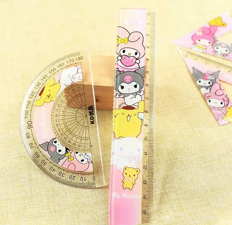 4Pcs/Set Sanrio Ruler Cartoon Kawaii Melody Kuromi Triangular Plate Protractor Measuring Ruler Set Students Stationery Gifts