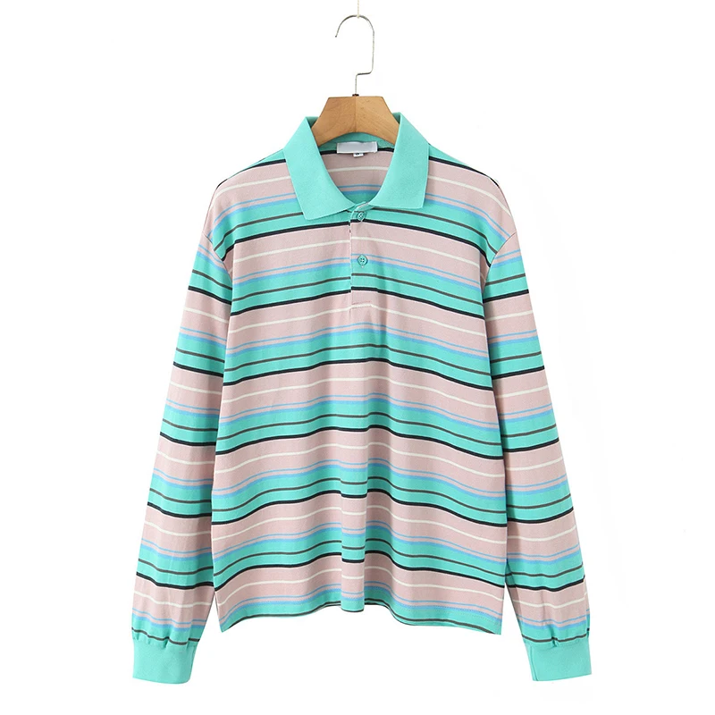 가을 여성 긴팔 라펠 칼라 스트라이프 티셔츠 면 루즈 캐주얼 티
