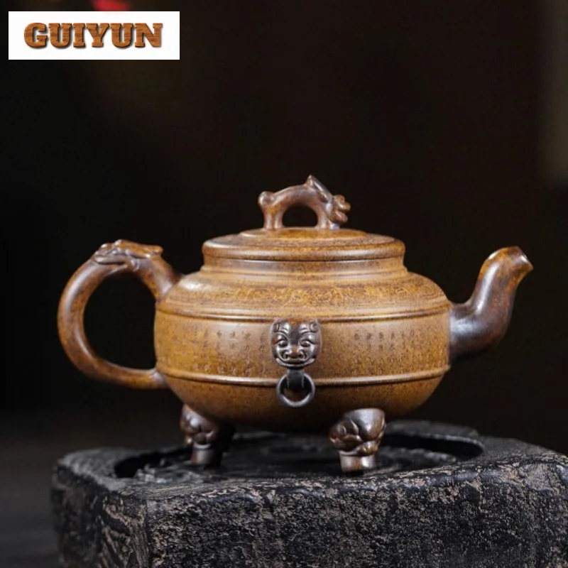 420ml Yixing Purple Clay Teapots Handmade Tripodia Tripod Pot Raw Ore Dragon Kiln Wood Burning Mud Tea Maker Kettle Zisha Teaset