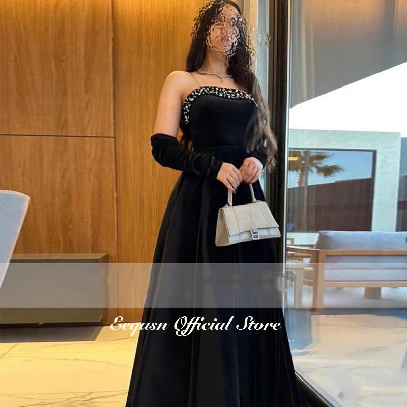 Black Velvet Evening Dresses Customized Crystal Strapless Saudi Arabic Women Formal Party Prom Gowns Robe de soiree Abendkleider