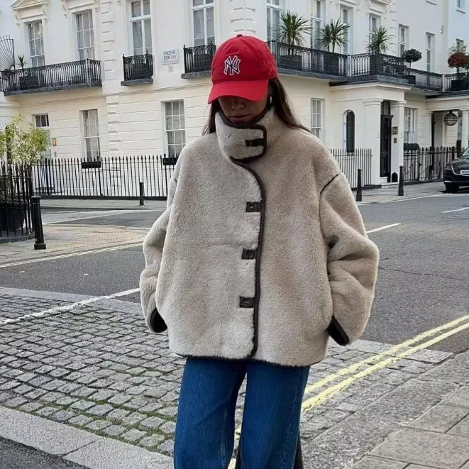 

Fleece Autumn Women Jacket Stand Collar Single Breasted Patchwork Loose Lady Coat Korean-style Casual Outwear For Female