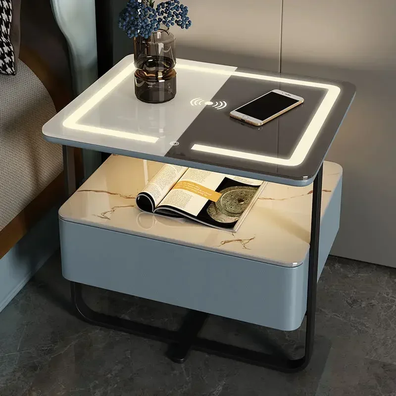 

Dining Luxury Nightstands Smart Bedside Table Modern Simple Wood Wireless Charging LED Bedroom Wrought Modern Furniture