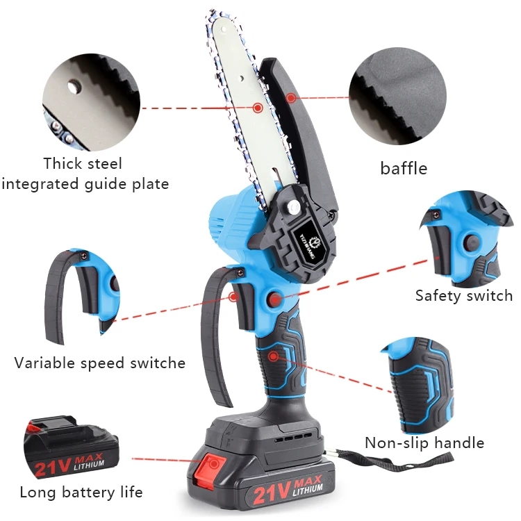 Automatic Pump Oil Chain Saw  With Chain and Guide Plate 21V Professional Wood Cutting Machine Electric Mini Chainsaw