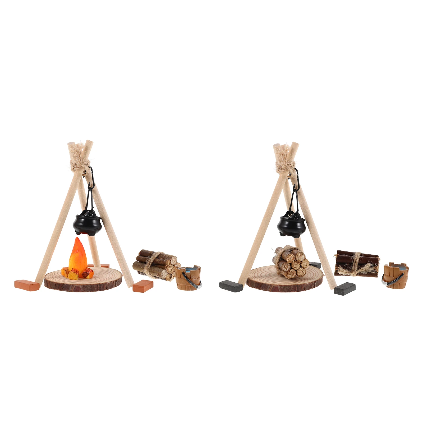 26 Stück Miniatur-Lagerfeuer-Dekoration, realistisches Brennholz mit Hängetopf für Puppenhaus, Winterszene, Weihnachten, Mikrolandschaft