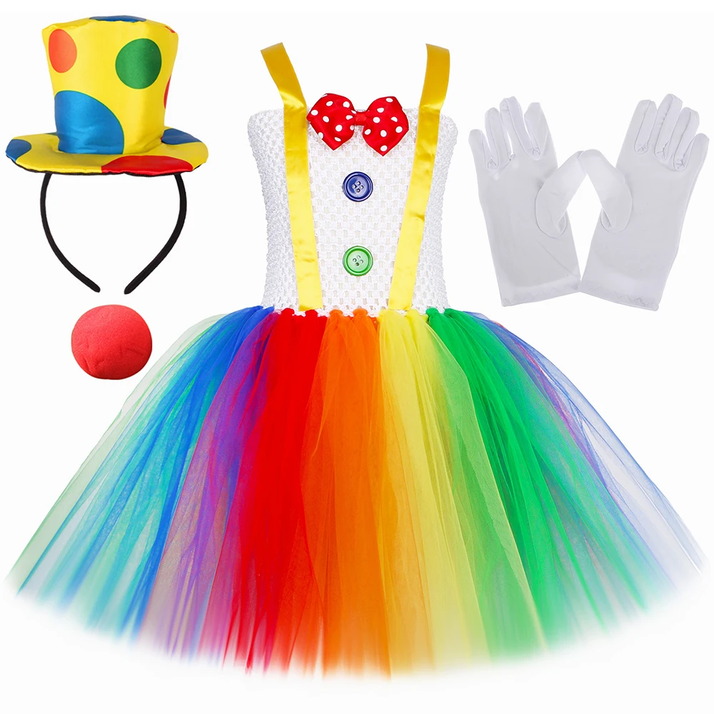 Funny Circus Clown Costume for Girls Carnival Party Tulle Dresses Naughty Joker Halloween Costume for Kids Fancy Tutu Dress Up