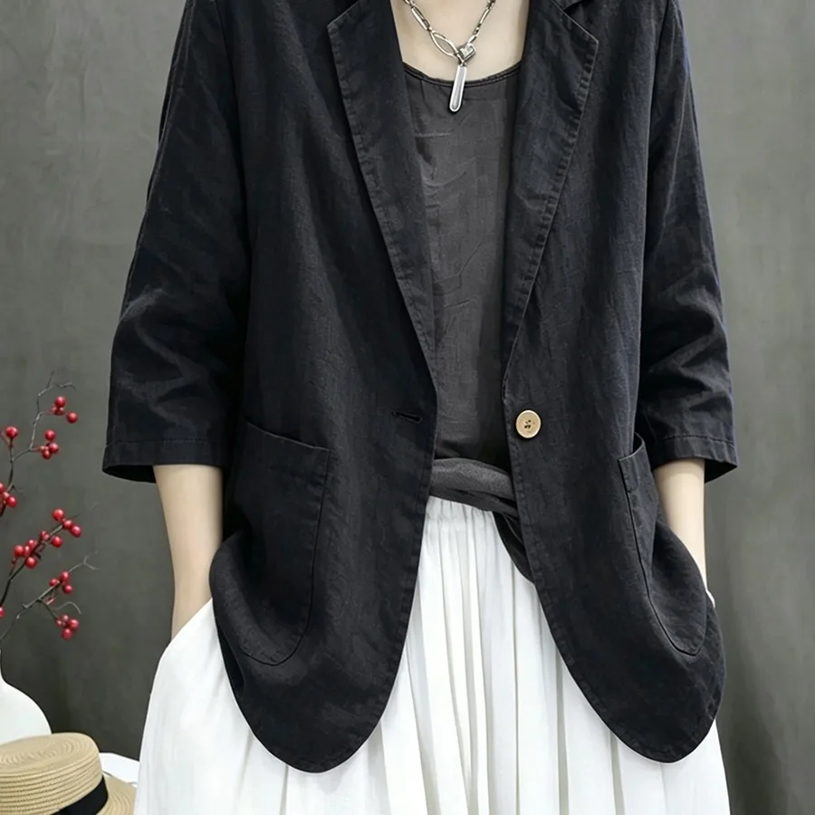 2026 New Cotton Linen Casual Short Jacket Pure Color Small Suit Top Women's Fashion Spring Season Seven Sleeve Length