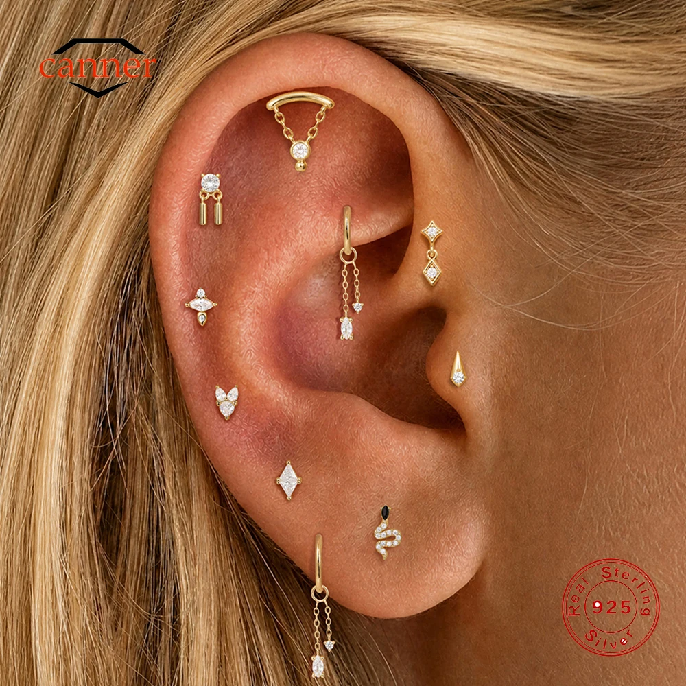 CANNER 1PC 925 Sterling Silver Geometric CZ Snake Long Tassel Flact Back Cartilage Piercing Stud Earring For Women Girls Gift