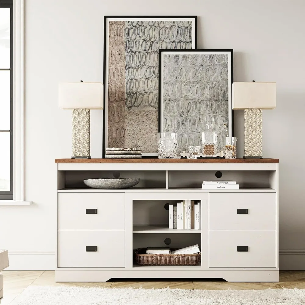 حامل تلفزيون لتلفزيون 65 بوصة، مركز ترفيه من الخشب الأبيض العتيق مع أدراج ورف قابل للتعديل، وسائط طويلة #1