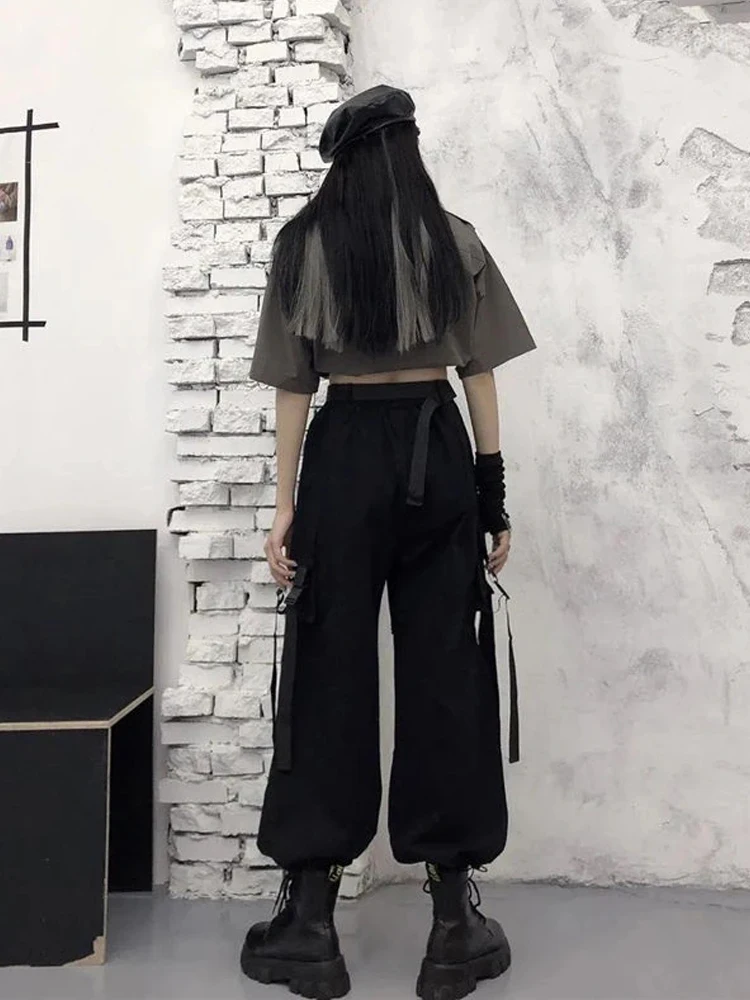 HOUZHOU Gothic Streetwear Women\'s Cargo Pants with Chain Punk Techwear Black Oversize Korean Fashion Wide Leg Trousers 2021 Alt