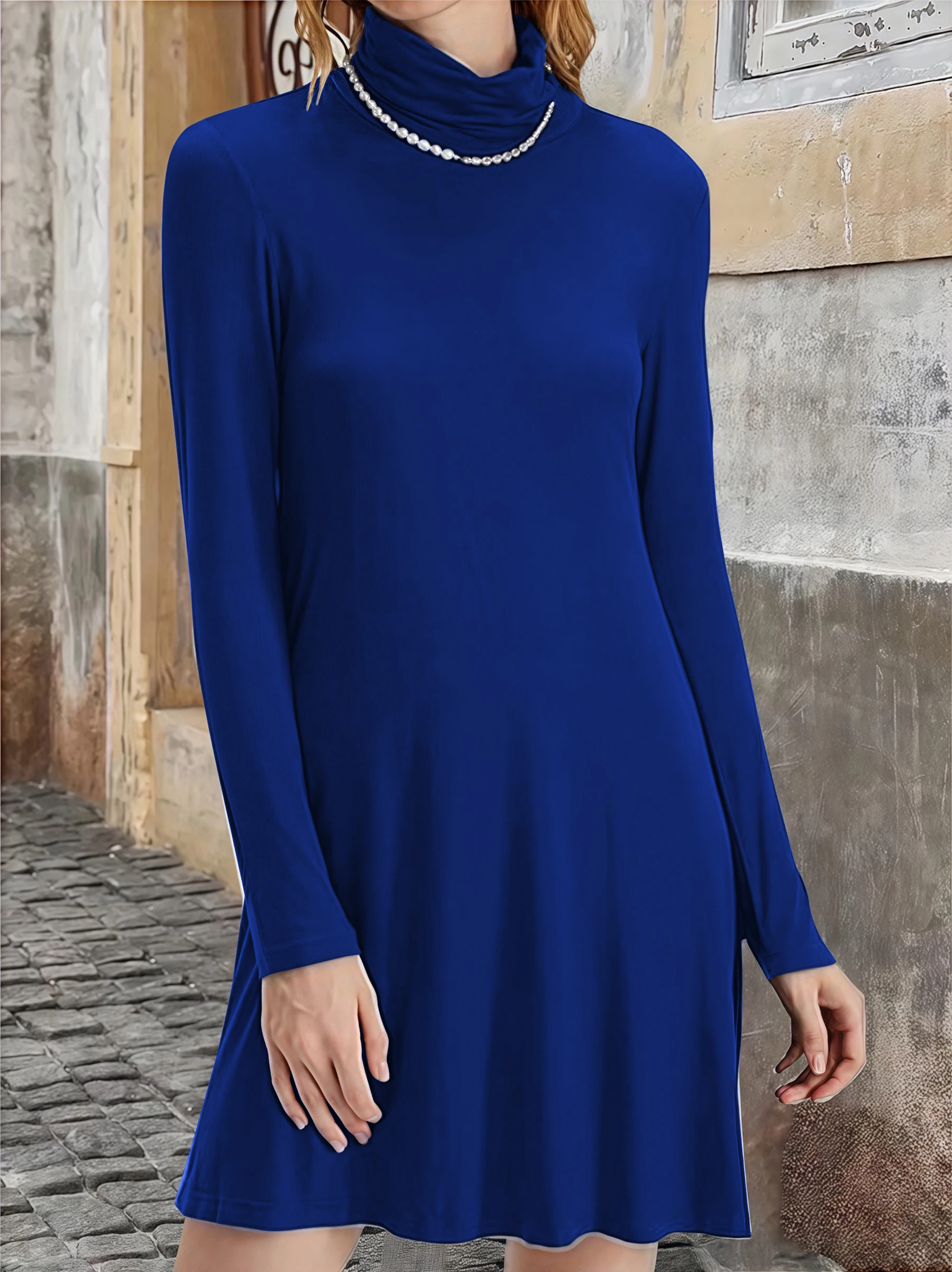 فستان أنيق بياقة مدورة بلون سادة للنساء، ملابس مكتبية بمقاس كبير، فستان متعدد الاستخدامات للخريف والشتاء بأكمام طويلة #2