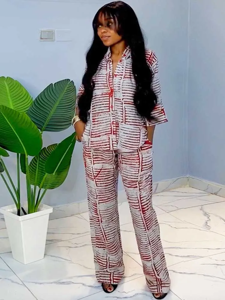 

Two Piece Outfits Woman Summer Red Striped Slimming Shirt and Pants Set Woman Casual Clothing Set Wholesale Dropshipping