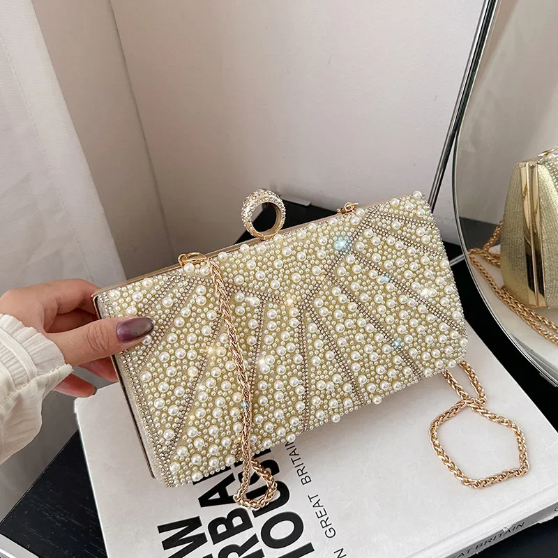 

Женская сумка через плечо с жемчужной цепочкой, модная сумка-коробка для повседневной носки
