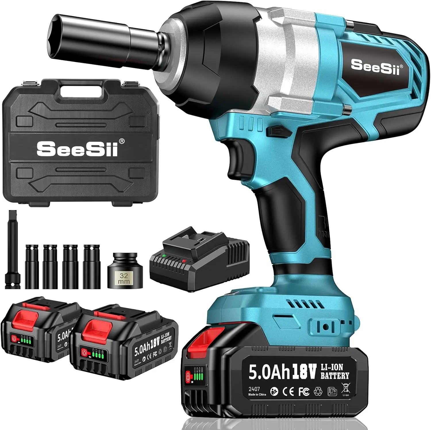 Seesii Akku-Schlagschrauber 1400 Nm Kabellos Elektrisch 1750 U/min Hochdrehmoment-Schlagschrauber 1/2 Zoll 2 x 5000 mAh 21V für Autoreparatur