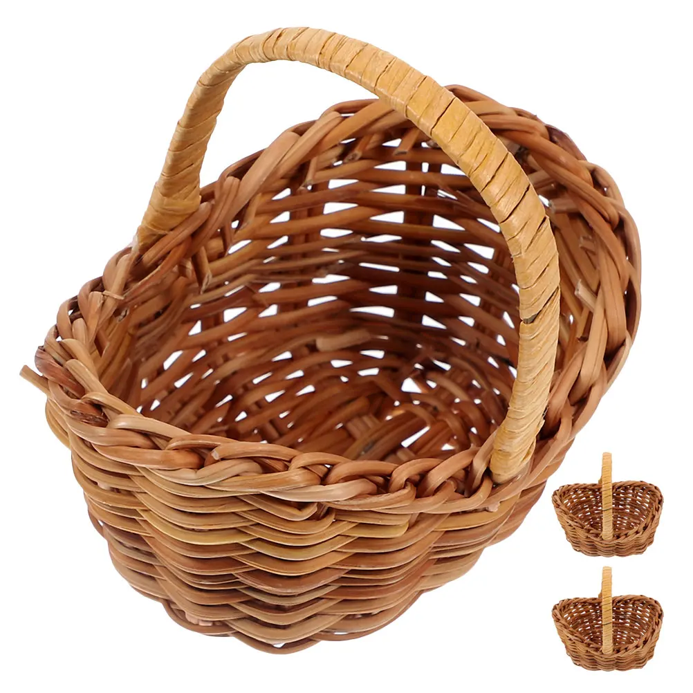 

3 Pcs Rattan Flower Basket with Handle Hamper Small Mini Easter Baskets Dollhouse for Craft Hand-woven