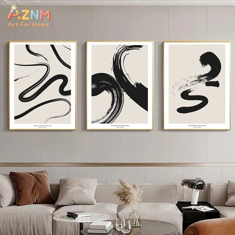 AZNM Modern Abstract Black Beige Geometric Brush Stroke Canvas Wall Art, Minimalist Single Unframed Canvas Print Poster for Livi