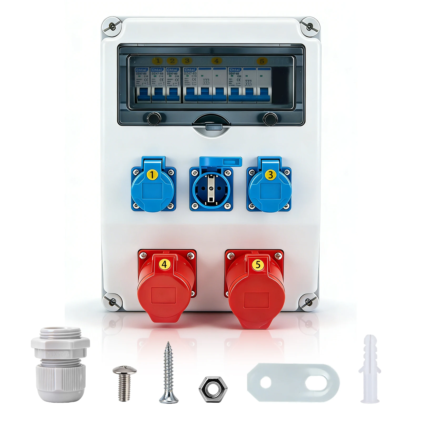 Wandverteiler Stromverteilung, 3x230V, 1xCEE 16A, 1xCEE 32A, Baustromverteiler mit FI-Schalter 50A und LS-Schalter