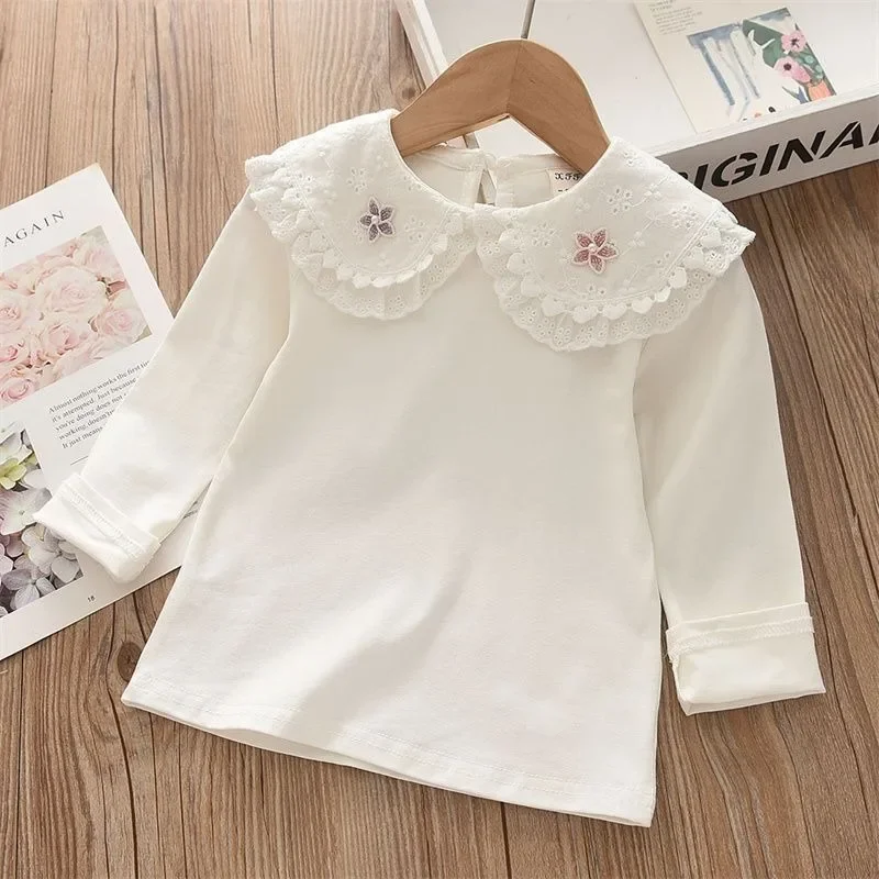 Girl's Long Sleeve Spring Autumn New Style White Collared Base Layer Shirt Kids Toddler Cute Cartoon Print Top