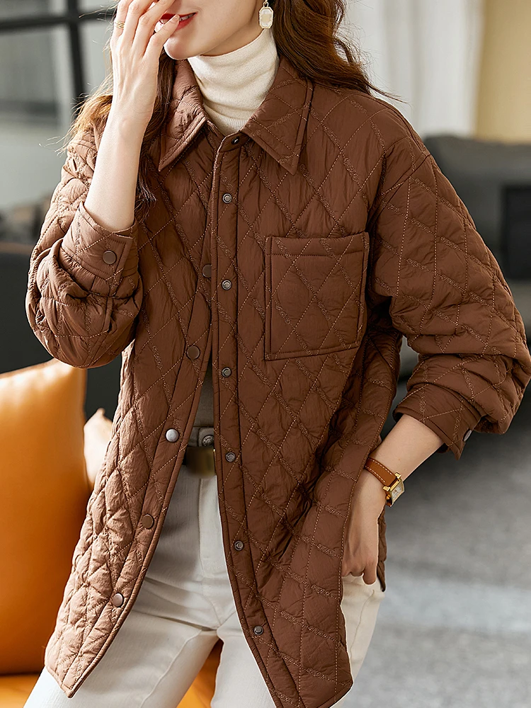 Vimly Warm Shirt Quilted Coat Jacket for Women 2023 Fashion Vintage Polo Collar Long Sleeve Tops Spring Winter Outerwear V6732