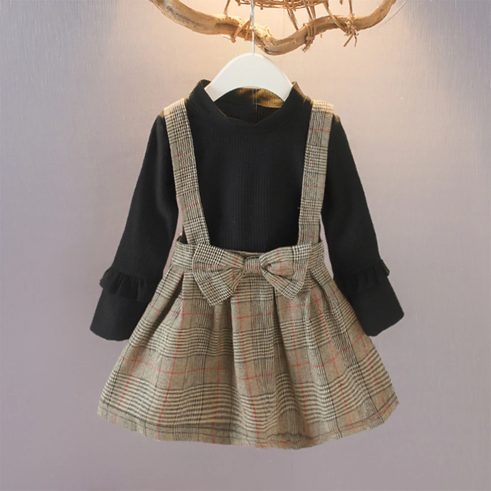 Bear Leader Girls Dress 2023 New Autumn Casual Long Sleeved Wooden Ear Edge Design Dress Fake Two Piece Strap Dress