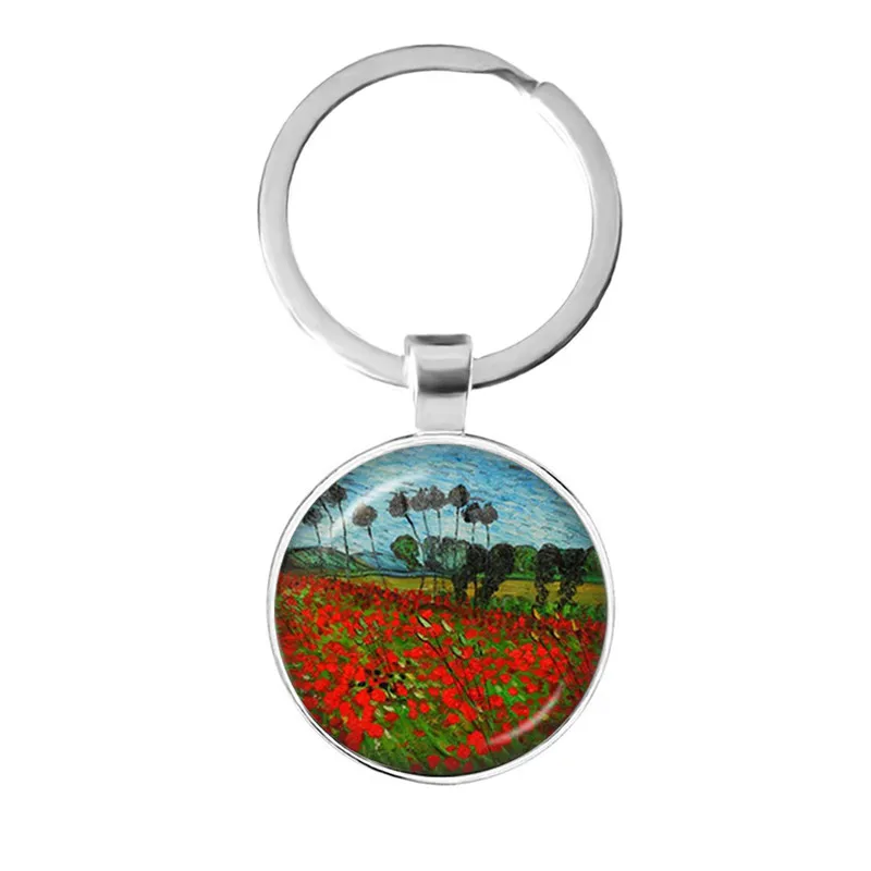 Fashion Van Gogh Art Starry Night Sunflower Keychain 25mm Glass Cabochon Dome Key Rings Keyholder For Women Men Gift
