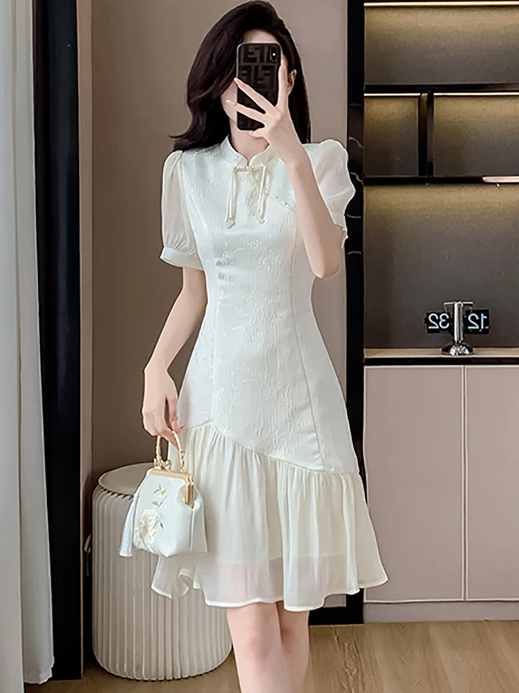 White Jacquard Patchwork Ruffled Midi Dress Women Summer Short Sleeve Bodycon Casual Home Dress 2024 Korean Elegant Luxury Dress