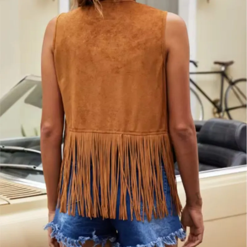 Women's Vintage Faux Suede Tassel Rivets Jacket Vest Women's Spring Summer Fashion No Deduction Streetwear Solid Color Vest