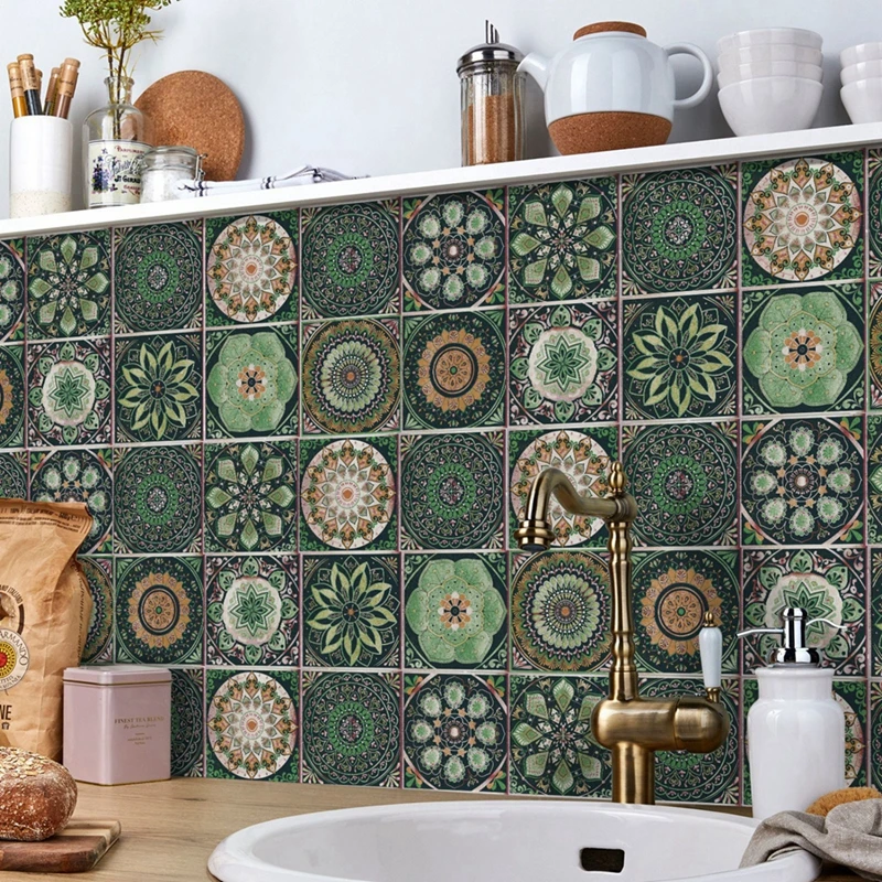 24PCS Moroccan Wall Sticker Self-adhesive Tile Stickers for Kitchen Bathroom Mandala Patterned Art Waterproof Wall Sticker Decal