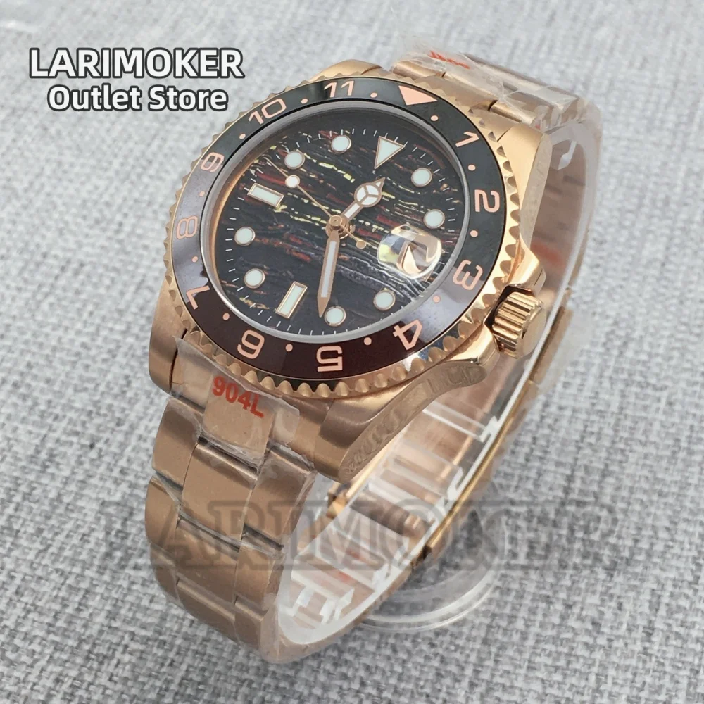 LARIMOKER 41MM Men's NH35 Rose Gold Mechanical Watch Sapphire Glass Meteorite Texture Ceramic Bezel Waterproof Luminous Watch