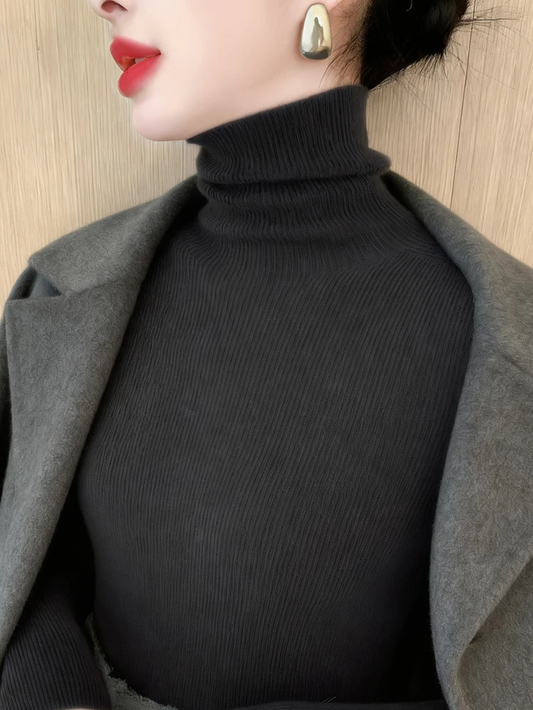 

Утепленный женский свитер с высоким воротником, базовый слой, осенне-зимний трикотажный джемпер, облегающий крой для повседневной носки