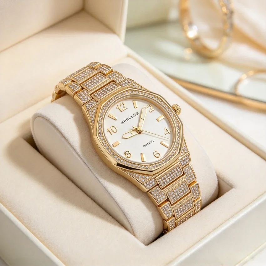 Luxury Men Gold Wristwatch Full Rhinestone Octagonal Case Alloy Steel Band Quartz Watch Bling Male Dress Watch Business Party