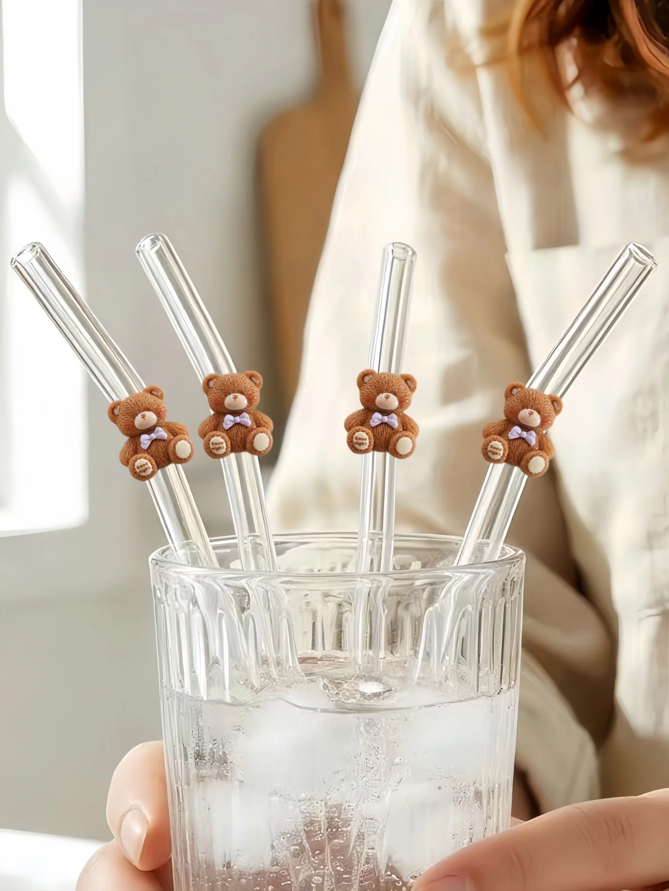 1/2/6-teiliges Niedliches Braunes Bären-Glasstrohhalm-Set Wiederverwendbar, gebogen, leicht zu reinigen. Perfekt für kalte Getränke, Poolpartys, Strand. Tolles Geschenk