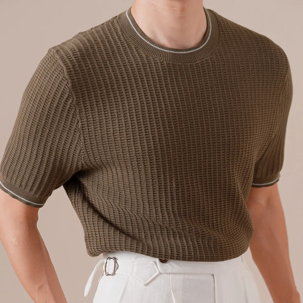 

Thin Cotton Linen Blend Color Block Half Sleeve Casual Knit Breathable Polo Italian Style Design Sense Crew Neck T-Shirt For Men