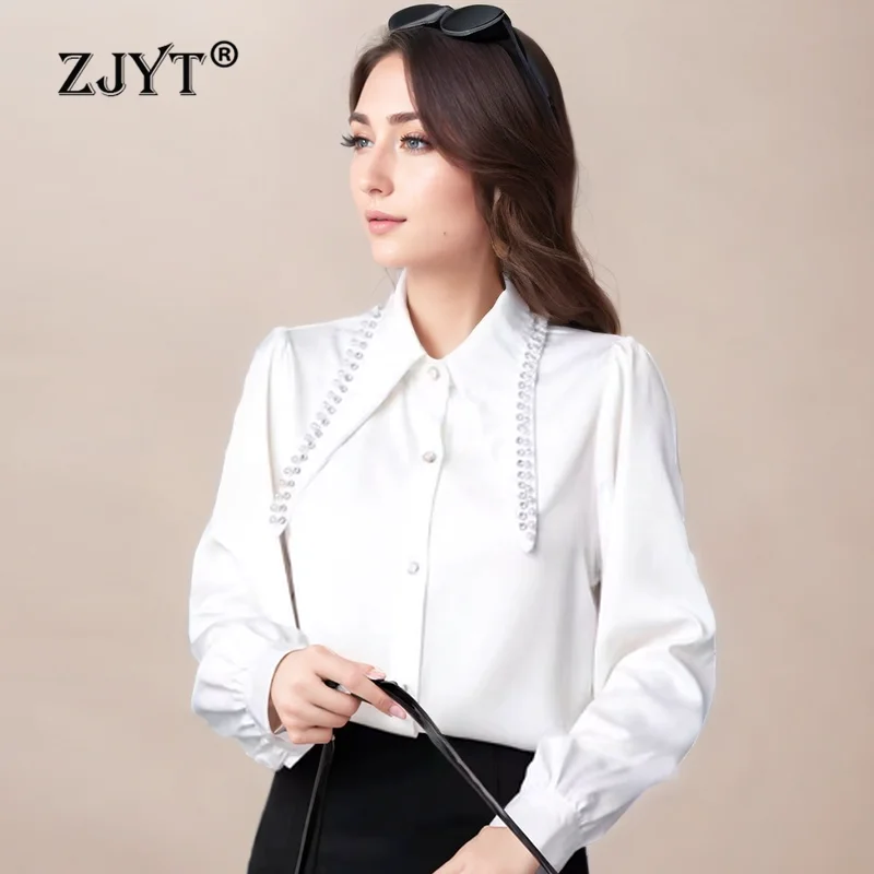 

ZJYT Beading Pearls Lapel Collar Satin Shirts Blouses for Women White Loose Blusa Mujer Korean Style Casual Office Camisas Tops