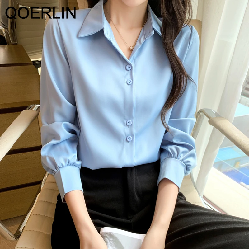 

QOERLIN S-4XL Women White Button Up Shirts Long Sleeve Turn-Down Office Tops Shirts Blouse Blue Workwear Satin Blusas