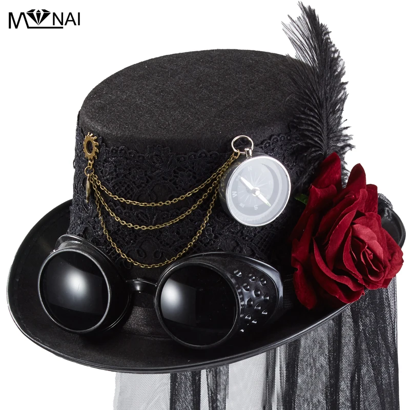 Handmade Steampunk Hat Gothic Lace Rose Feather Top Hat With Veil Goggles Fedora For Party Halloween Accessories