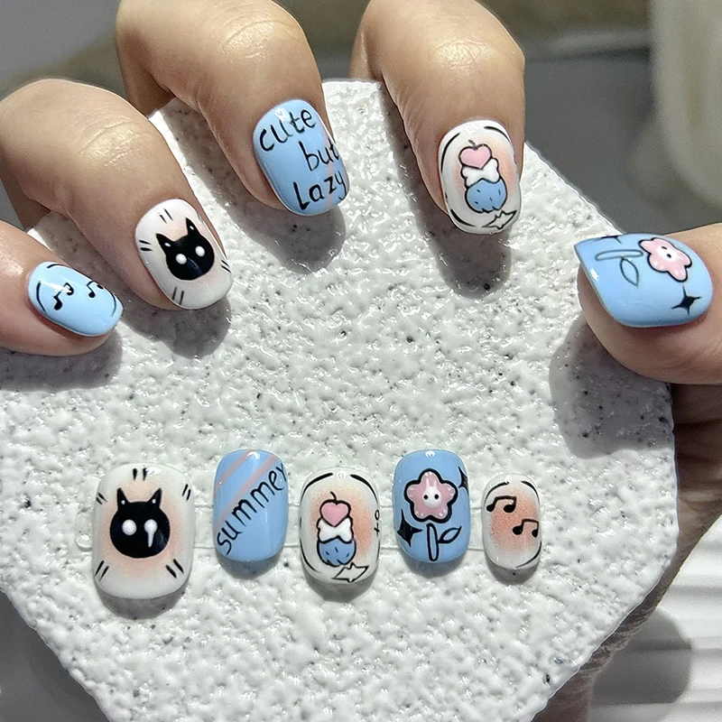 10 Pieces Painted Graffiti Art Press On Nails Handmade Blue Blush Kitten Flowers Cute Short Wear Nails Fake Nails