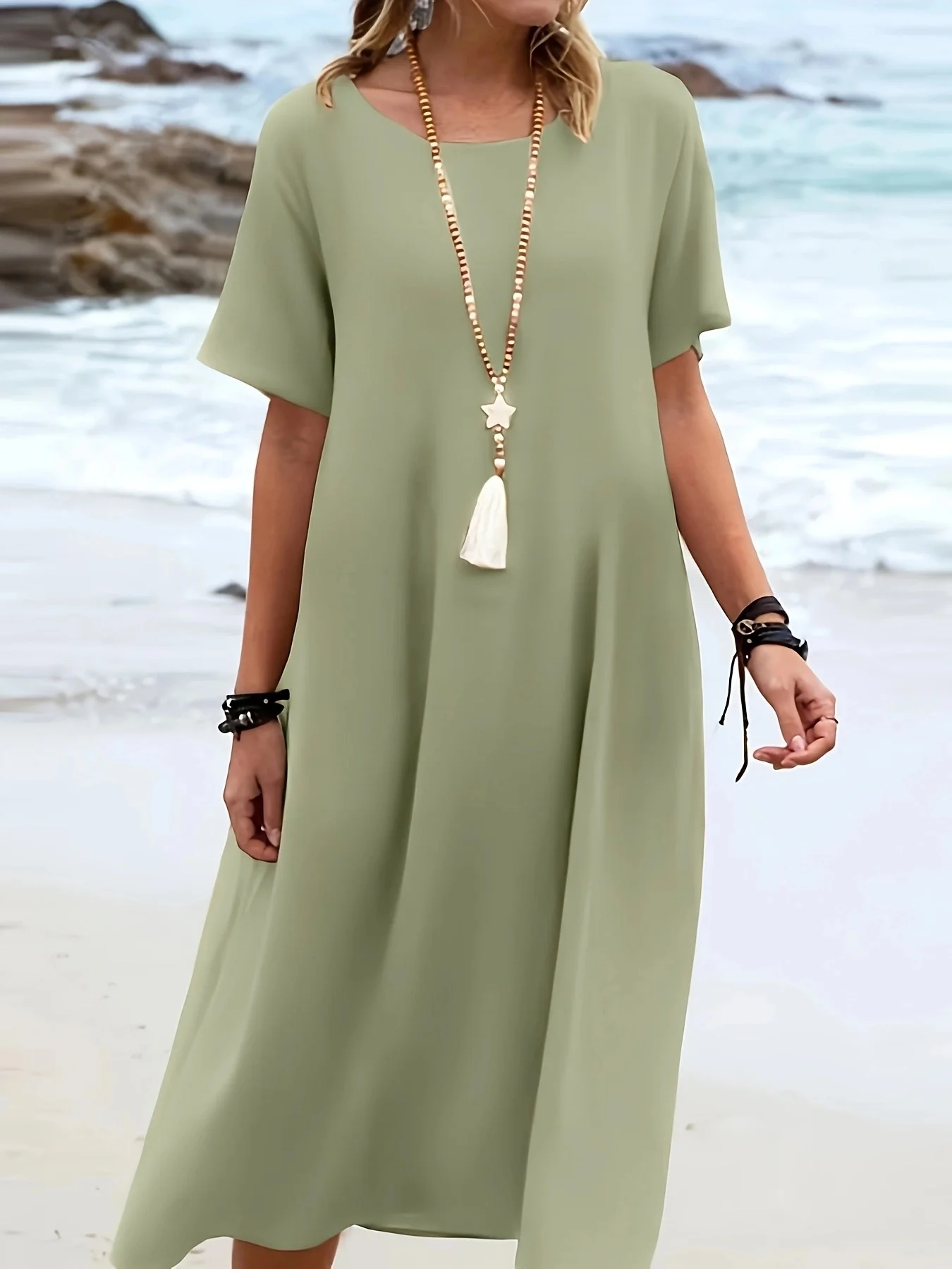 Długa sukienka na wiosnę i lato, gładka, z okrągłym dekoltem, krótkim rękawem, luźna, w stylu casual.