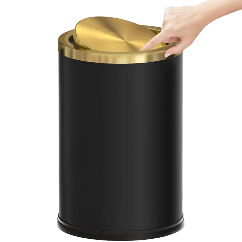 

2.4 Gallon/9L Black and Gold Bathroom Trash Can Metal, Stainless Steel Wastebasket with lid, Brass Kitchen Garbage Can for