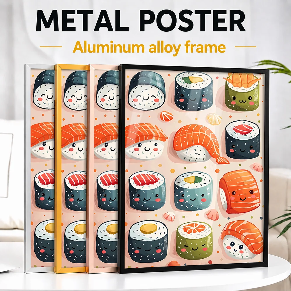 Cute Sushi With Faces Framed Aluminum Metal Poster Personalized Comic Style Wall Art For Dining Room And Kitchen Breakfast Area