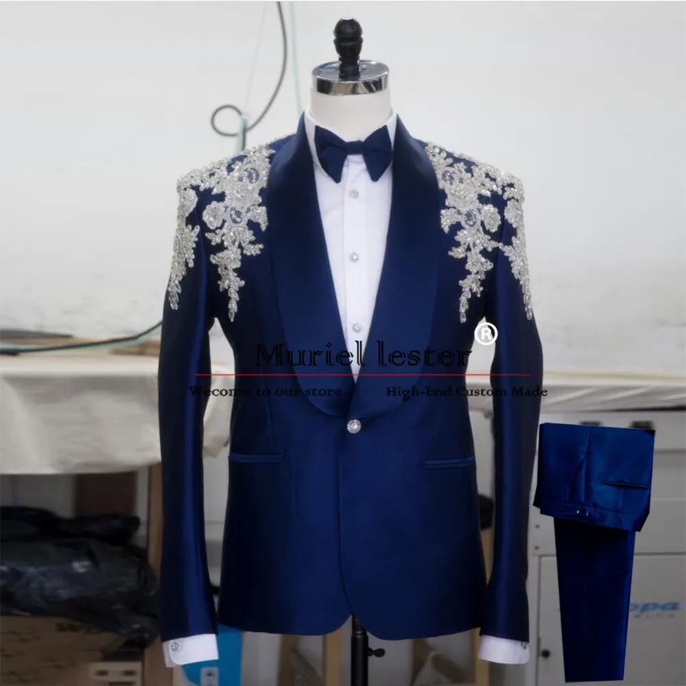 

Luxury Bridegroom Tuxedos Navy Blue Sparkly Appliques Gem Stone Jacket Pants 2 Piece Suit Men For Wedding Bespoke Male Clothing