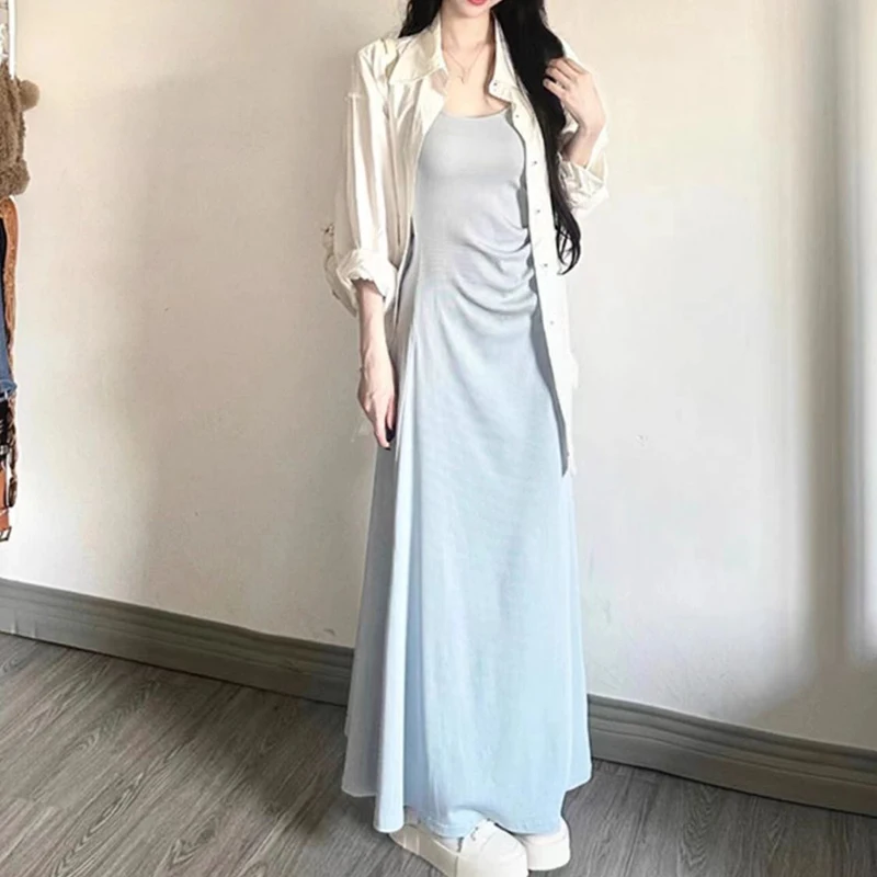 Shirt suspender dress two-piece women's summer 2024 new gentle wind sunscreen long-sleeved shirt coat long skirt