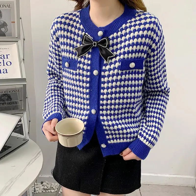 Women Autumn and Winter  New Crew Neck Plaid Contrast Panelled Knit Cardigan Sweater Thickened Button Bow Long Sleeves Coat