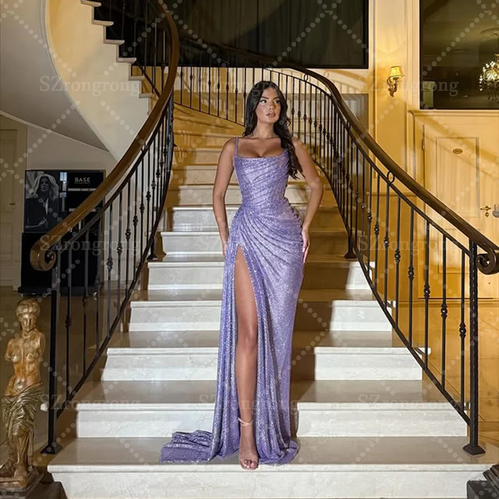 

Custom Made Luxury Spaghetti Straps Pleated Side Slit Evening Gown Sequins Glitter Sheath Prom Party Dress for Women Vestidos de