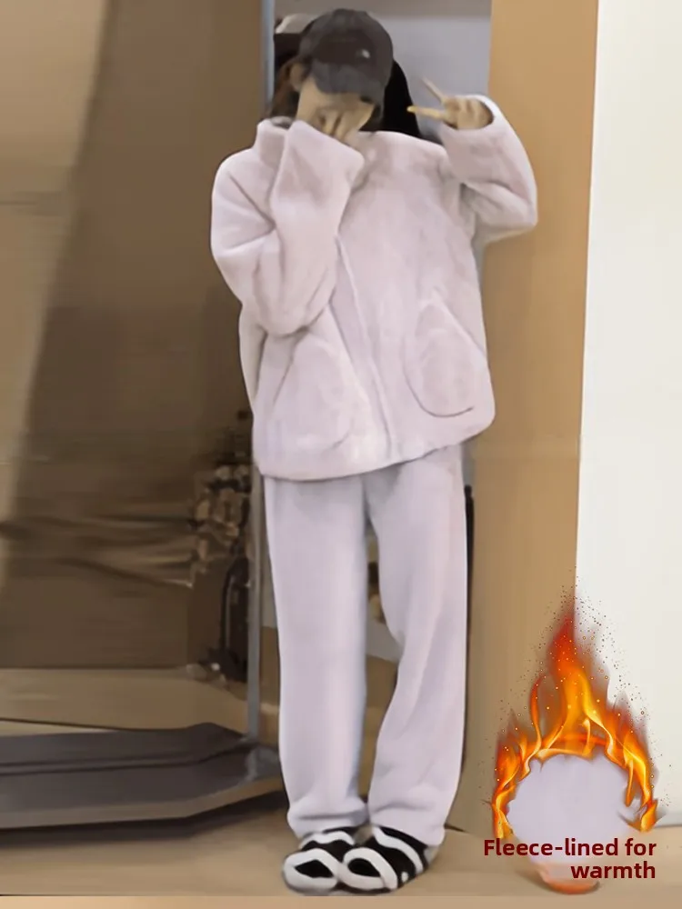 Thiened Fce Jaet de algodón con capucha y pantalones de pierna ancha Conjunto de dos piezas Conjunto de invierno cálido e informal para mujer