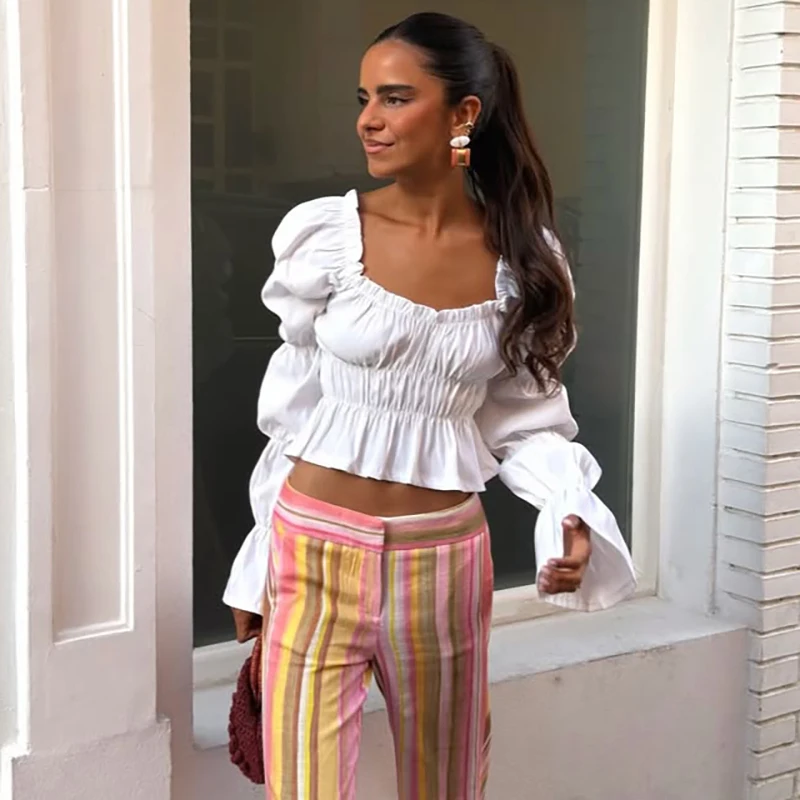 Square Neck Puff Sleeve Crop Top Women Elegant Flared Long Sleeve Smocked White Blouse Vintage Off Shoulder Beach Shirts 2026