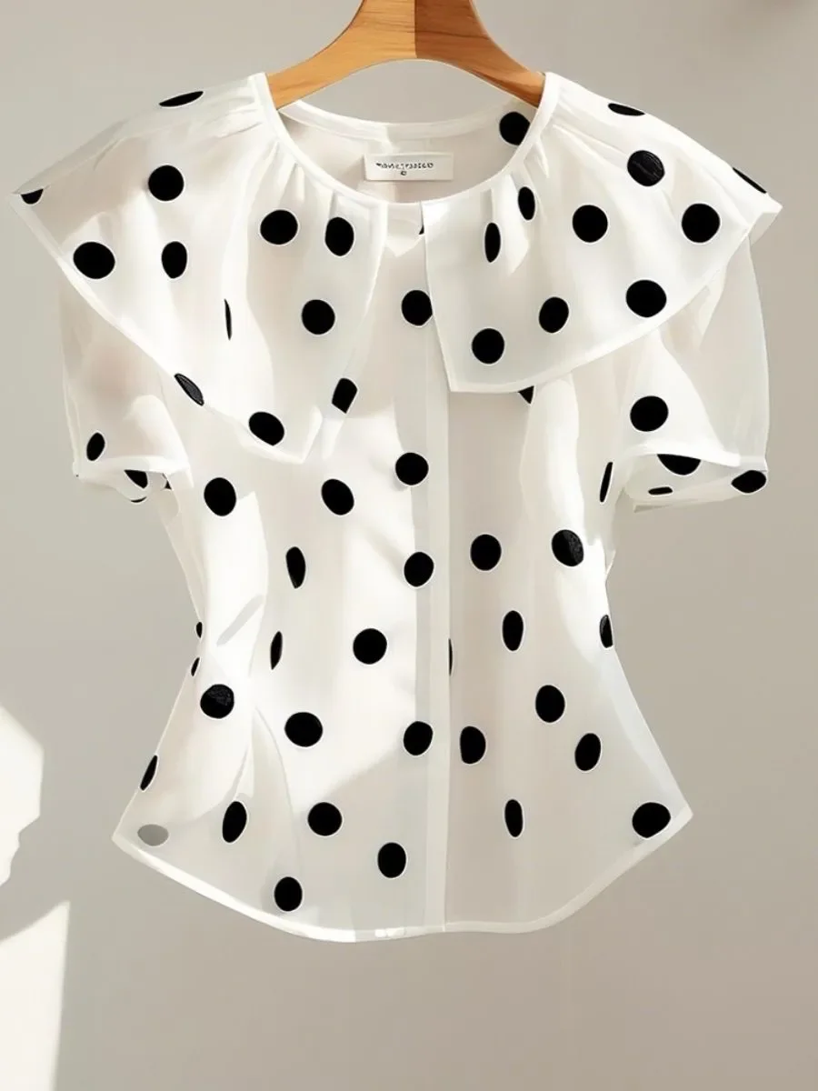 Korean Elegant Red Polka Dot Shirts for Women Office Lady Tops Summer French Fashion Ladies Tops Short Sleeve Blouse for Women