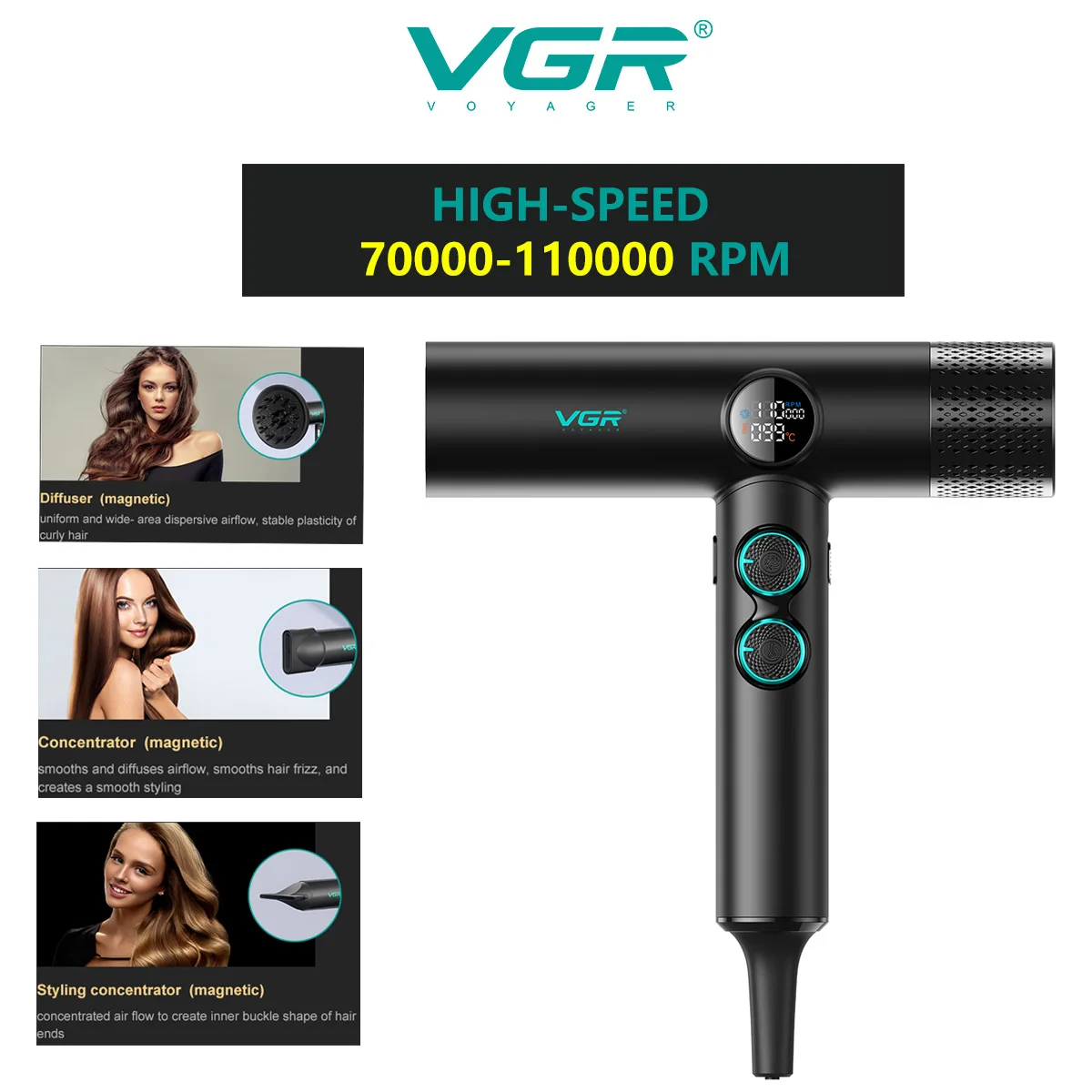 VGR Bestseller Blattloser Anion Föhn Bester Professioneller Haartrockner Bürstenloser Motor 110000 U/min Geeignet für Salons Schnäppchen Leistungsstarker Haartrockner V-401