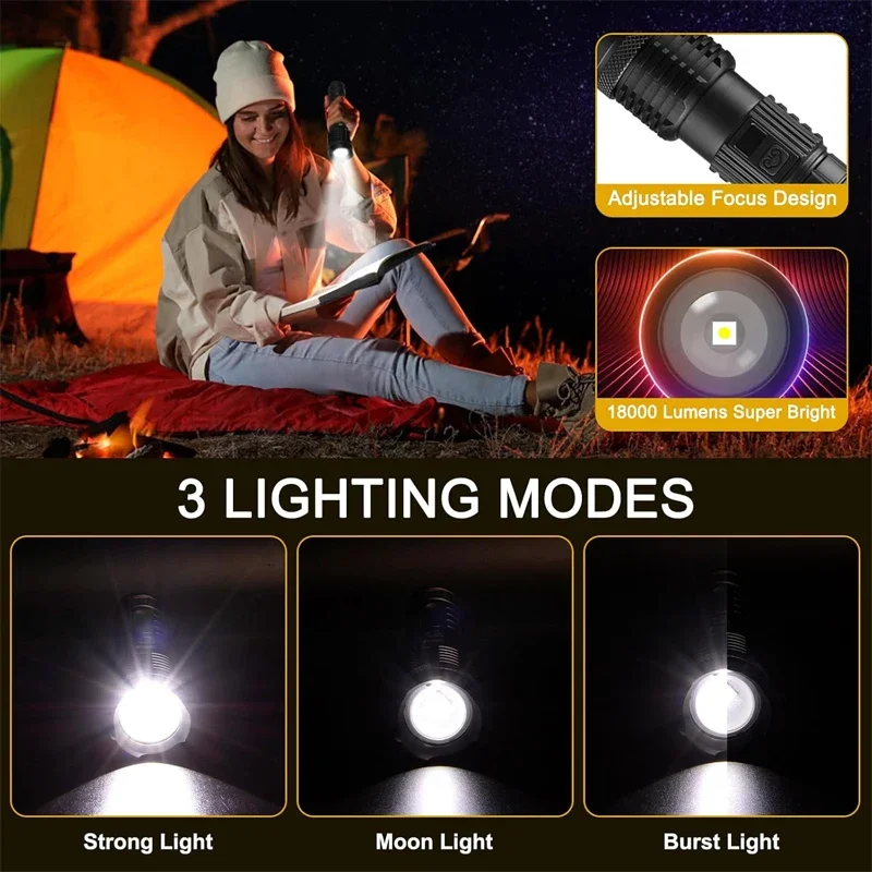 Linterna recargable con 1800 lúmenes, pantalla LED, enfoque ajustable, 5 modos, antorchas portátiles impermeables IPX4 para exteriores