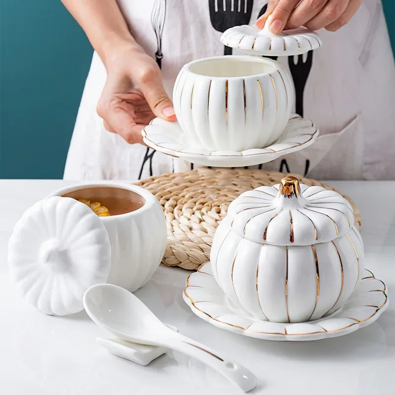 

Creative Pumpkin Cup Set Ceramic Stew Pot Spoon Saucers Sets Gold Rim with Cover Bird's Nest Sugar Water Bowl Kitchen Supplies