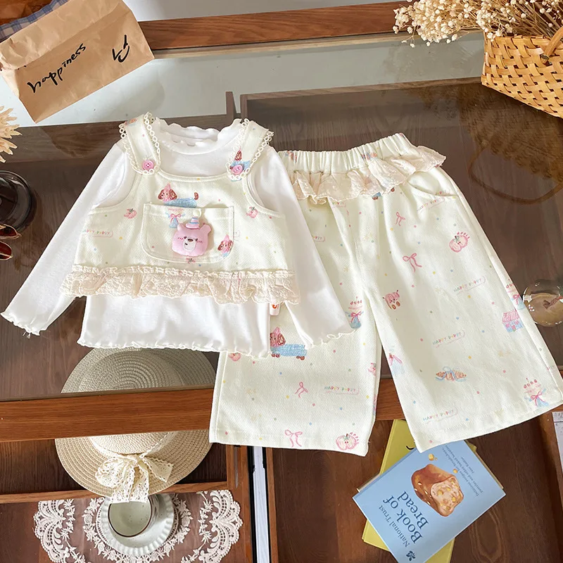 

Spot GoodsQT259620Girls Suit2025Autumn New Pocket Strap Cartoon Cute Set